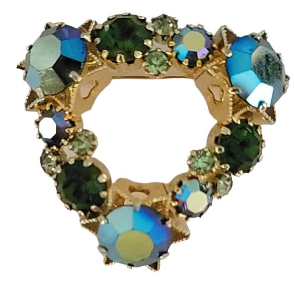 Signed Austria Gold Tone Blue Green Rhinestone Heart Brooch M469 - Picture 1 of 9